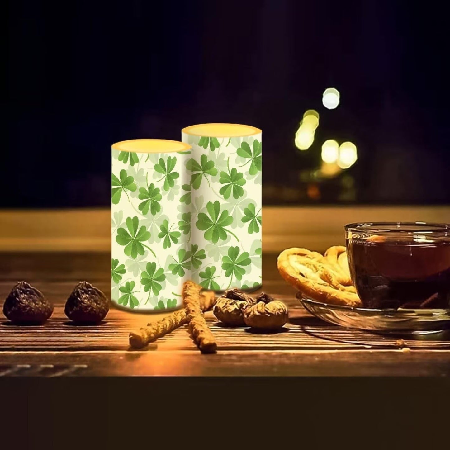 Luarisgur St Patricks Day Candles Battery Operated Flameless Candles with Remote Fall Decorations LED Fake Candles for Home Bedroom Irish Lucky Day Leaves Table Decor 3 inch Set of 2