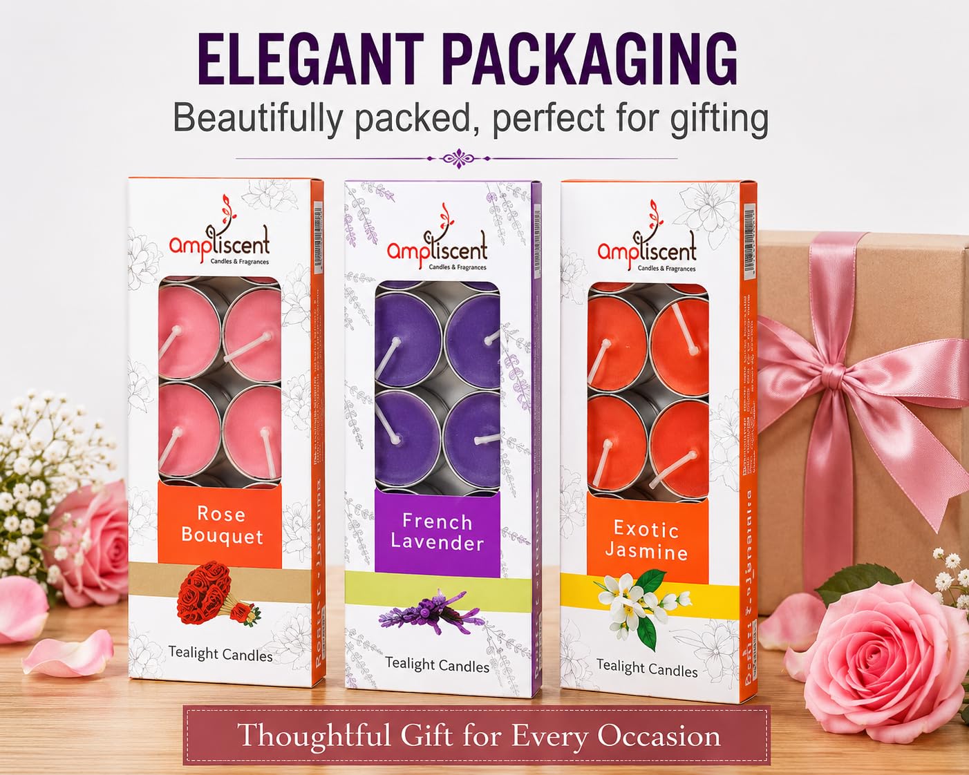 Ampliscent TeaLights Candles I Rose + French Lavender + Jasmine I Pack of 3-30 Premium Tealights I Long-Lasting Aroma | Scented Wax Tealights for Home Decor, Meditation, Christmas & Holiday Gifts