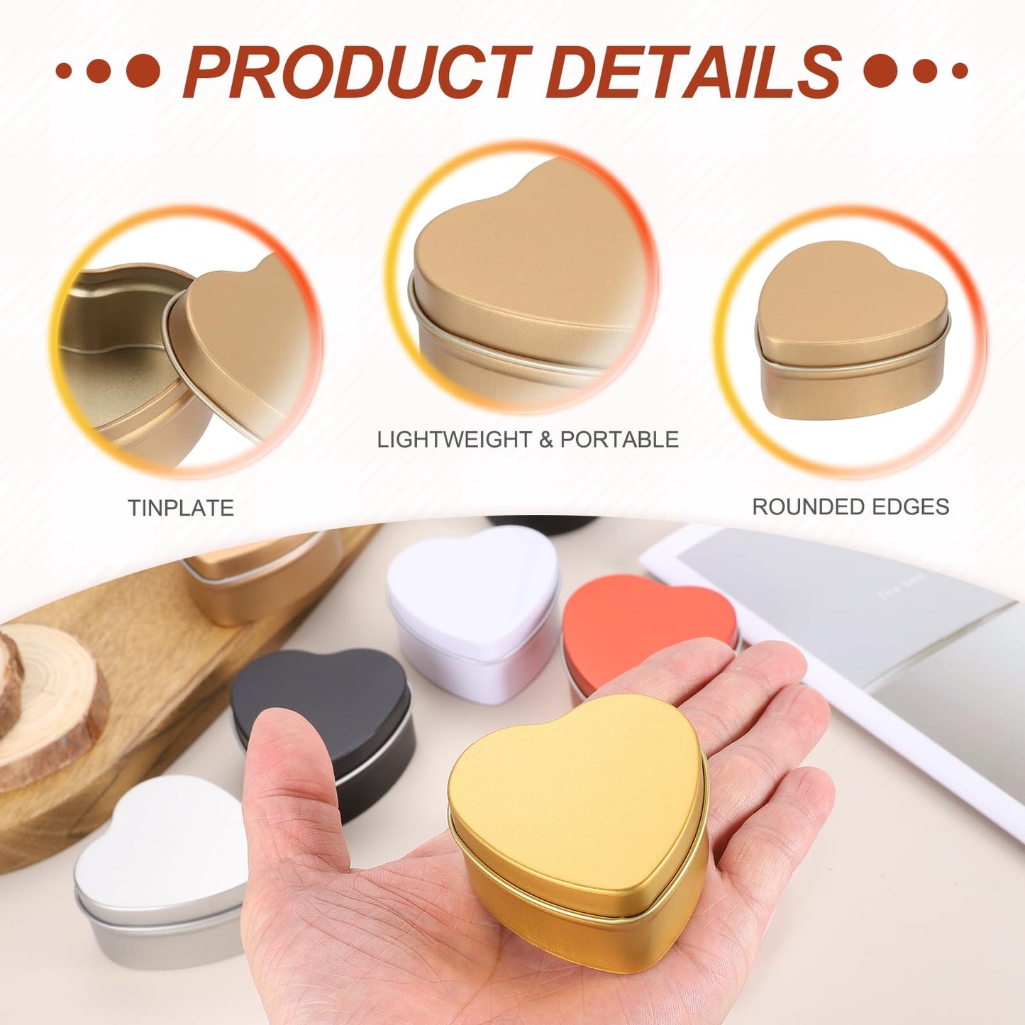 MECCANIXITY Heart Shaped Candle Tins, 2 oz Empty Metal Tin Cans Candles Containers for Candle Making Candies Gifts DIY Crafts, Champagne Gold, Pack of 8