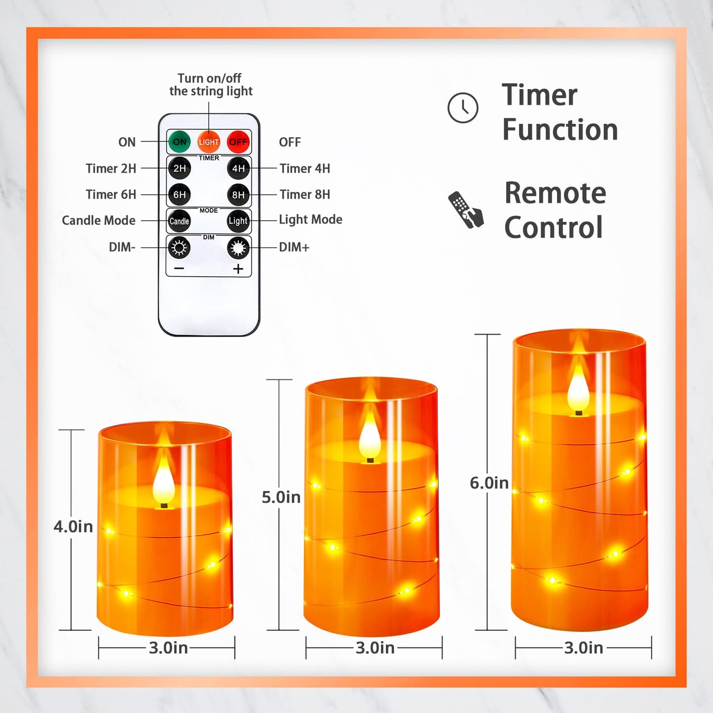 NURADA Flameless Candles with Remote Timers: Built-in Star String Lights 3D Wick Battery Operated Flickering LED Electric Candles for Halloween Thanksgiving Dinner Tables Fall Home Decor Orange 3 Pack