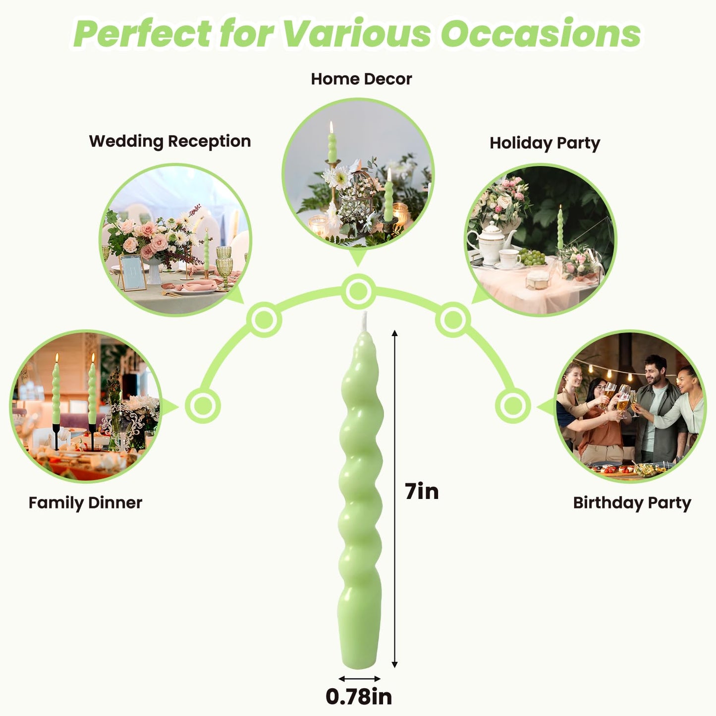 4 Pack 7 Inch Sage-Green Spiral Taper Candles, Unscented Dripless Fat Twisted Candlesticks for Home Décor Party and Celebrations