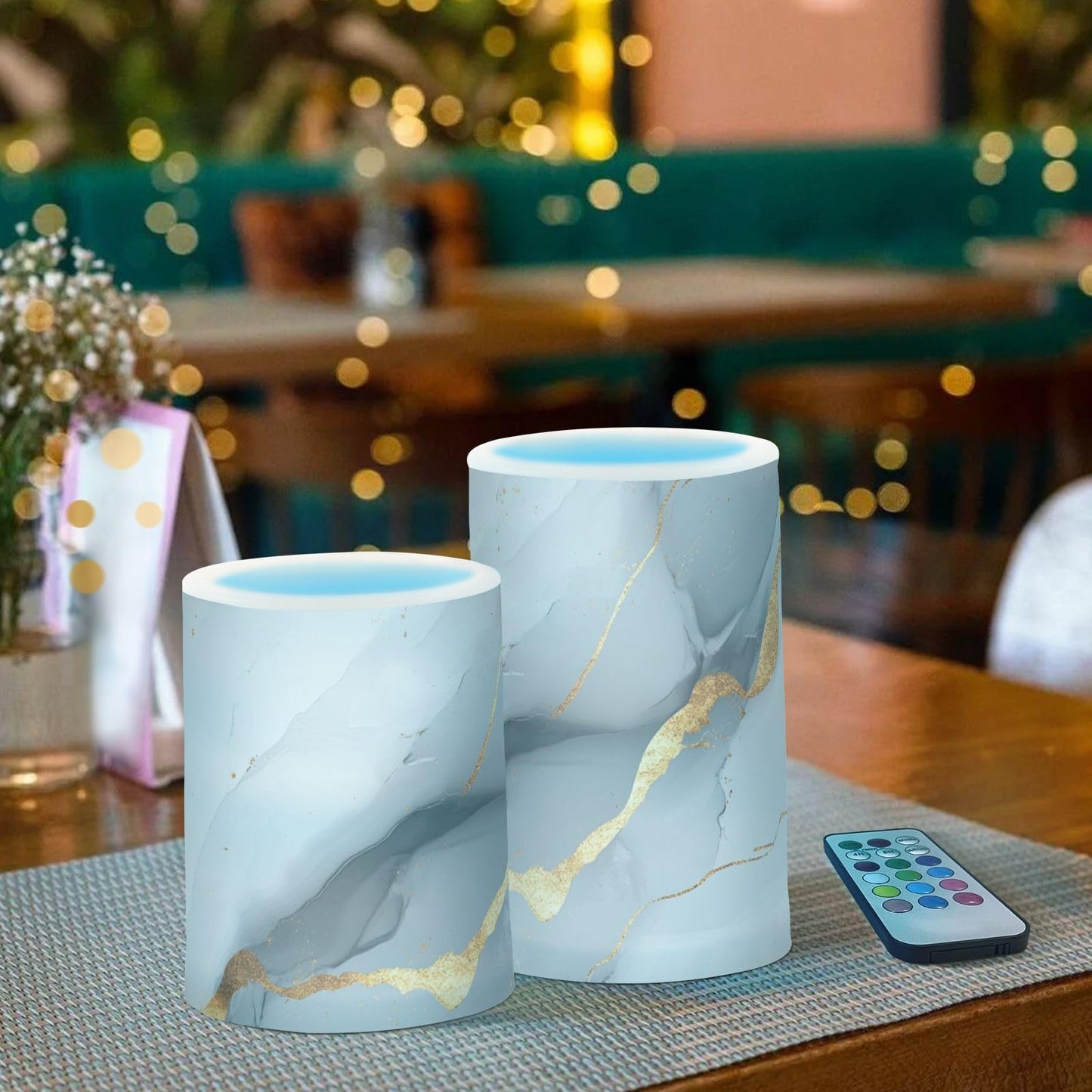 famyily Marble White Gray Flameless Candles Led Pillar Candles with Timer for Dining Room Table 4" 5" Set of 2