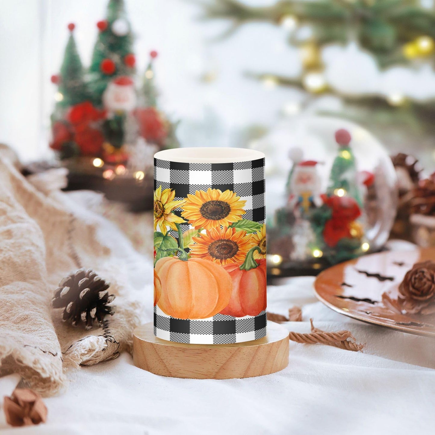Eionryn Autumn Pumpkins Fall Sunflower Flameless Candles Black and White Buffalo Plaid Battery Operated LED Candles with Remote Timer Electric Candles for Home Party Decor 2pcs
