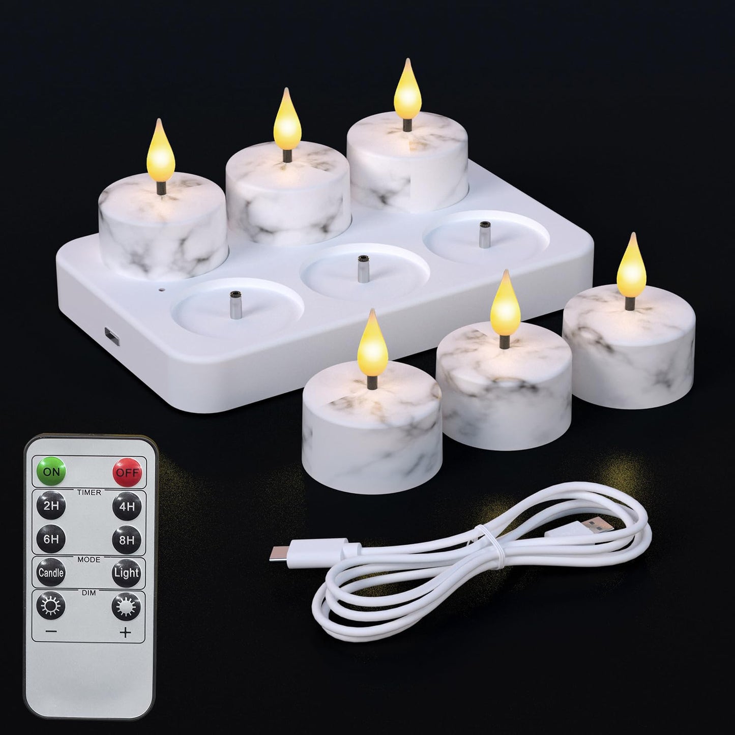 Flameless Tea Lights Candles with Charging Station,White Marble Pattern,LED Tea Lights Candles with Remote Control Timer for Valentine's Day,Centerpiece Table Decorations,Anniversary,Home Decor,6-Pack
