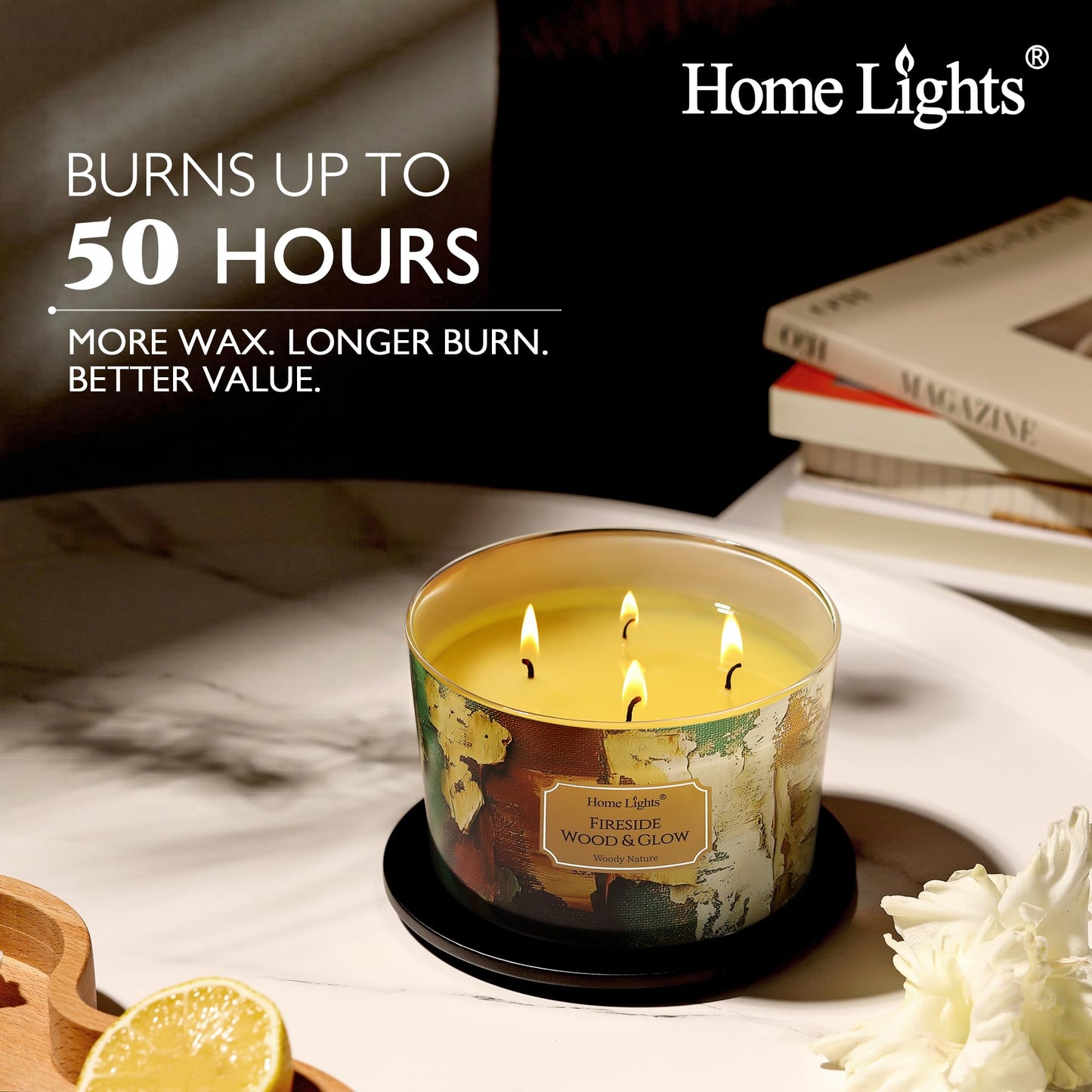 HomeLights 4-Wick Candles for Home Scented - 18oz Soy Wax Blend Candle Long-Lasting Fragrance, Industrial Chic Home Decor and Housewarming Gifts, Fireside Wood & Glow