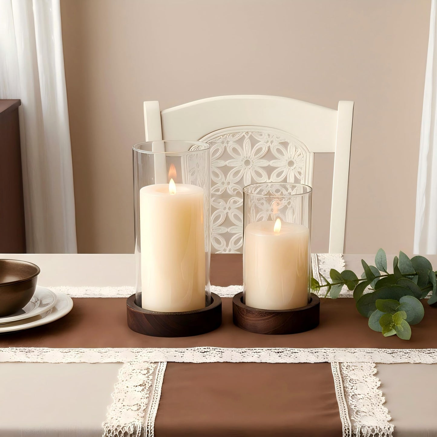 Ronasip Set of 2 Hurricane Candle Holders with Wood Base & Glass Cylinder (4.2x5.9” & 4.6x7.8”) – Rustic Wooden Candle Holders for Home Decor, Weddings, Table Centerpieces (2, Brown)