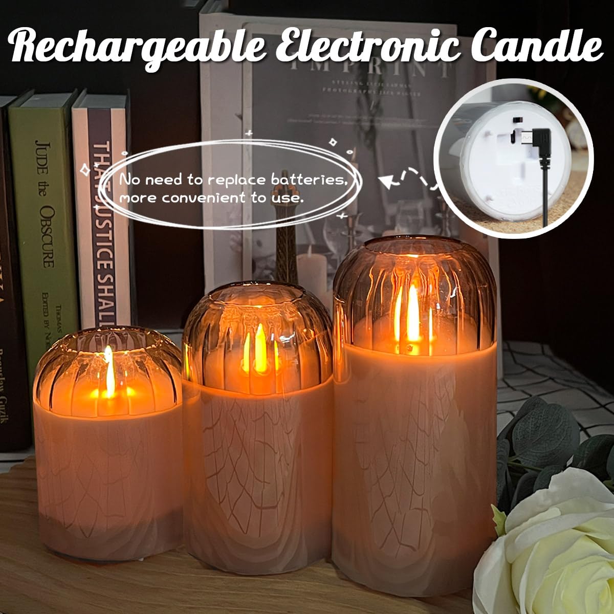 NICE POINT 3Pcs LED Candle Set Rechargeable with Remote Control,Grey Glass Flameless Candles,Candle Lights for Home Decor, Bedroom, Bathroom Accessories，Pumpkin Fake Candles for Halloween