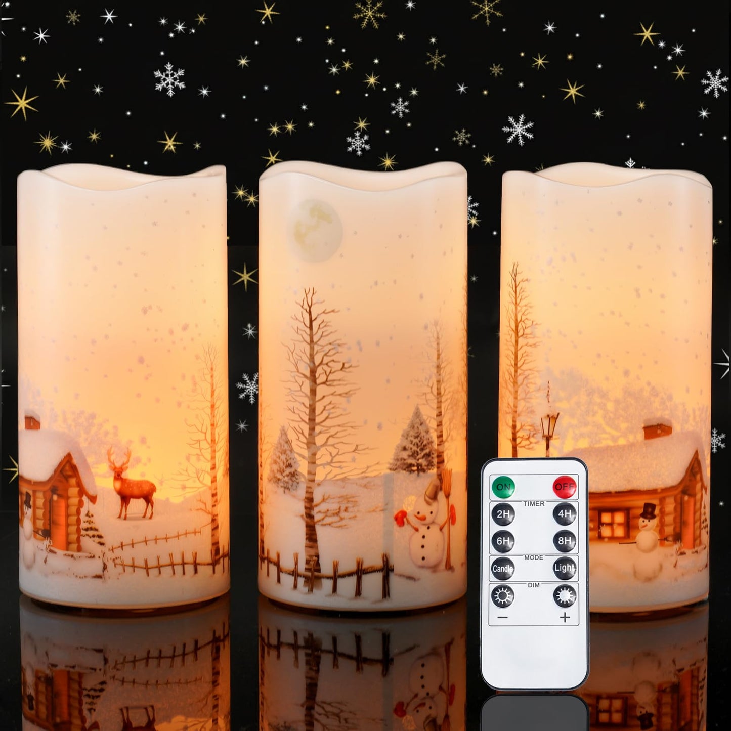 Homemory Christmas Flameless Candles Battery Operated with Snowman, Remote Control and Timers, Real Wax LED Pillar Candles for Rustic Country Home Farmhouse Cabin Decor, Set of 3, 3”x 6”
