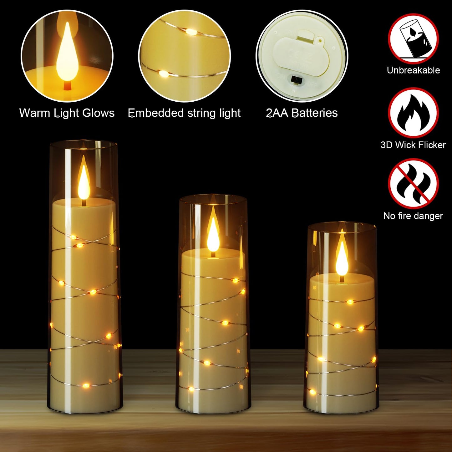 Wondise Flameless Flickering Candles with Embedded Star String Remote and Timer Battery Operated Flickering LED Candles Durable Acrylic Shell Pillar Candles for Christamas Home Decoration (Grey