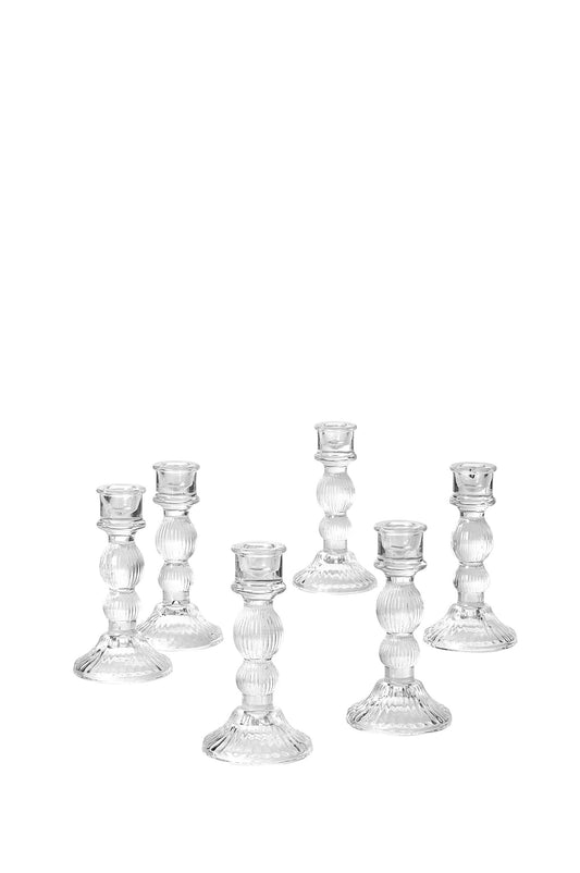Serene Spaces Living Set of 6 Ribbed Glass Candlestick Holders, Fluted Glass Taper Candleholder for Weddings, Events, Dinner Table, Measures 6" Tall & 3" Diameter