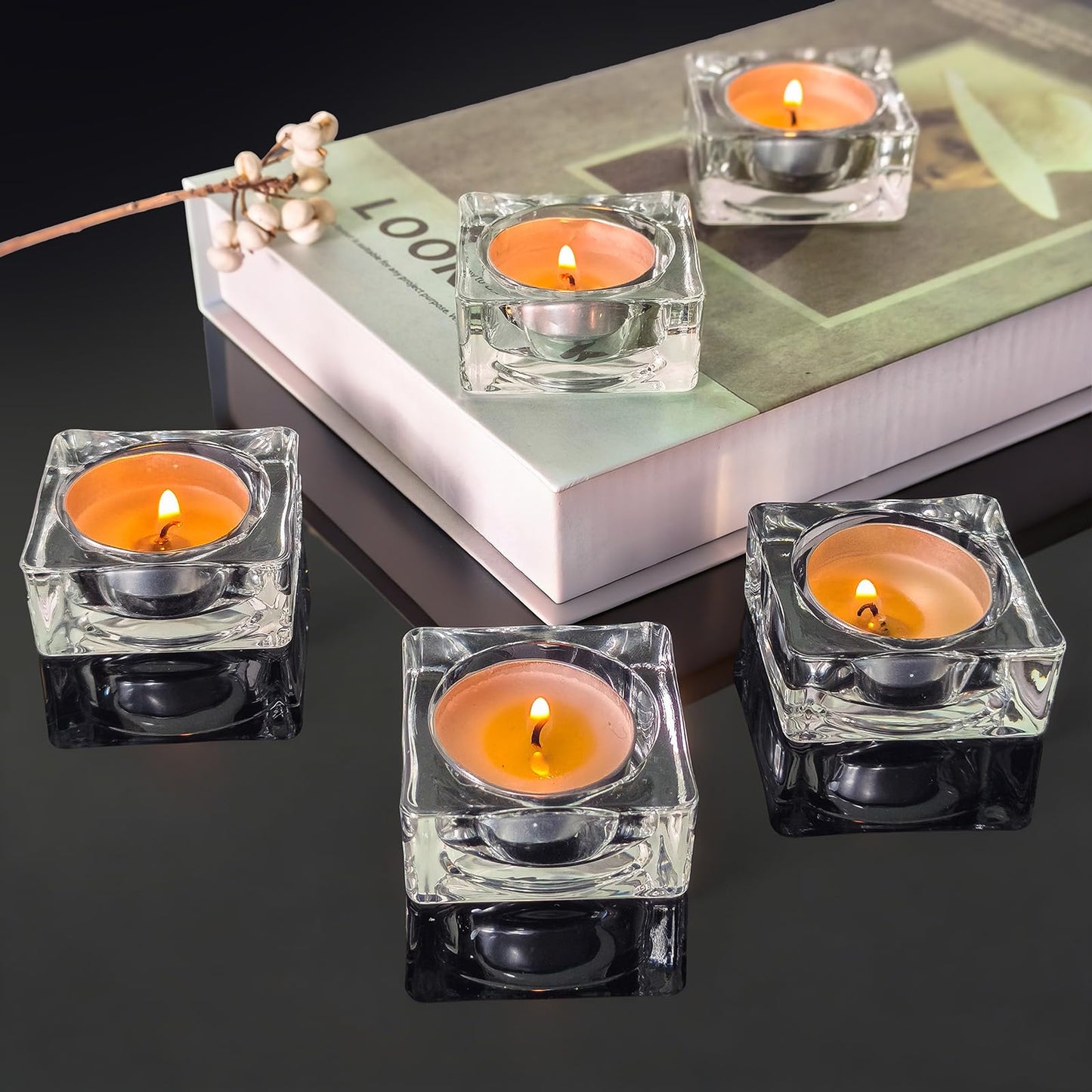 CHOCSTAY Tealight Candle Holder Set of 6, Clear Glass Candle Holder Heat-Resistant Square Holders for Wedding, Party, Home Décor