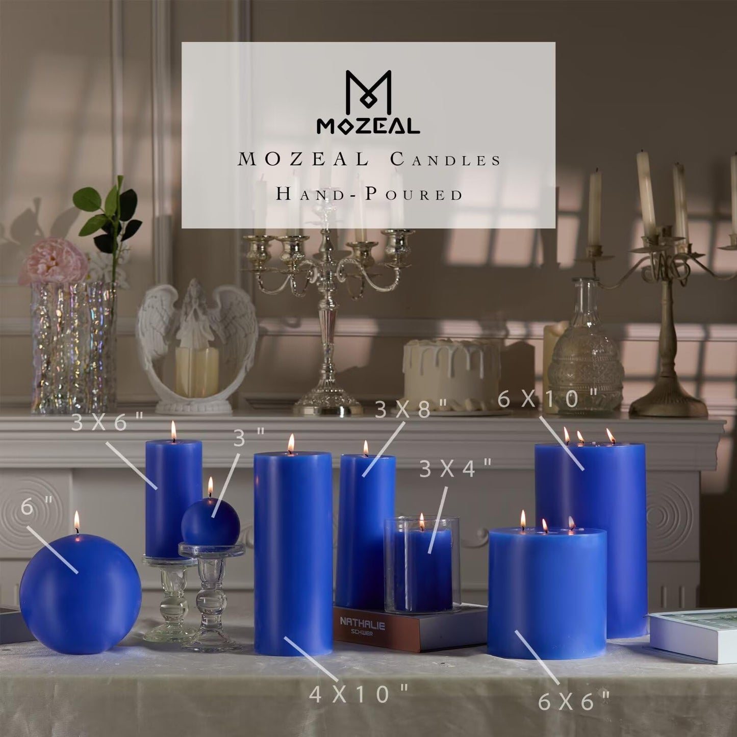 MOZEAL Hand-Poured, 3 Inch Blue Round Ball Candles - Elegant Blue Round Pillar Candles Set of 3, Dripless, Unscented, Smokeless, Ideal for Summer Parties.