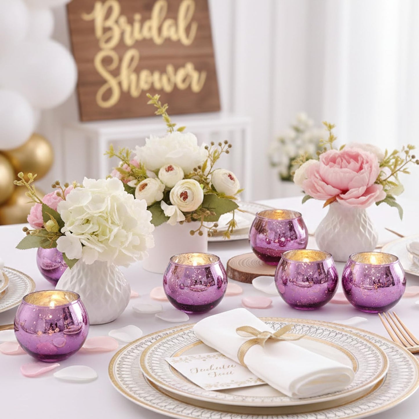 24 Pcs Purple Votive Candle Holders for Wedding Decor, Purple Mercury Glass Candle Holders for Table Centerpieces, Tea Light Holder for Wedding Bridal Shower Party Supplies