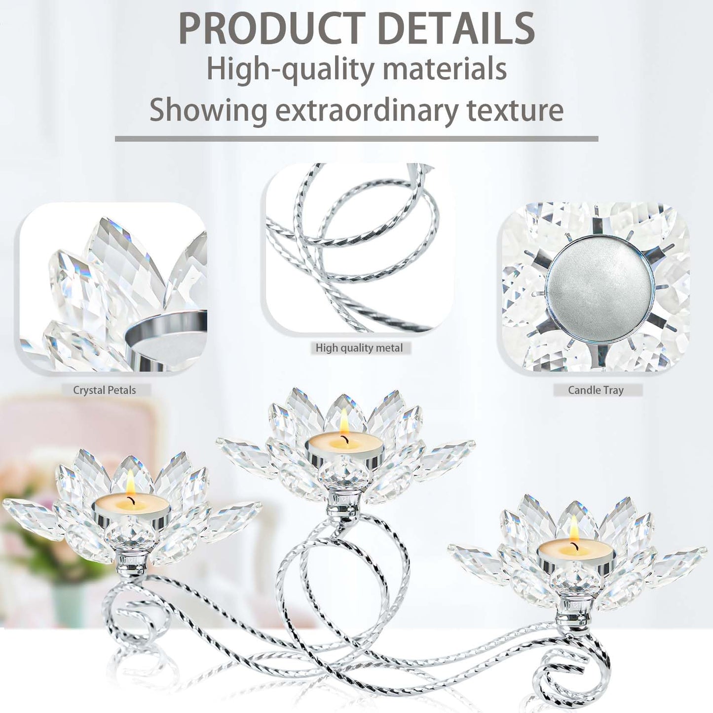 2Pcs Siver Kehail Crystal Metal Tea Light Candle Holder Set, 3-Arm Flower Shaped Crystal Votive Candlestick Holders for Table Centerpiece, Wedding Shower, Party and Home Decor