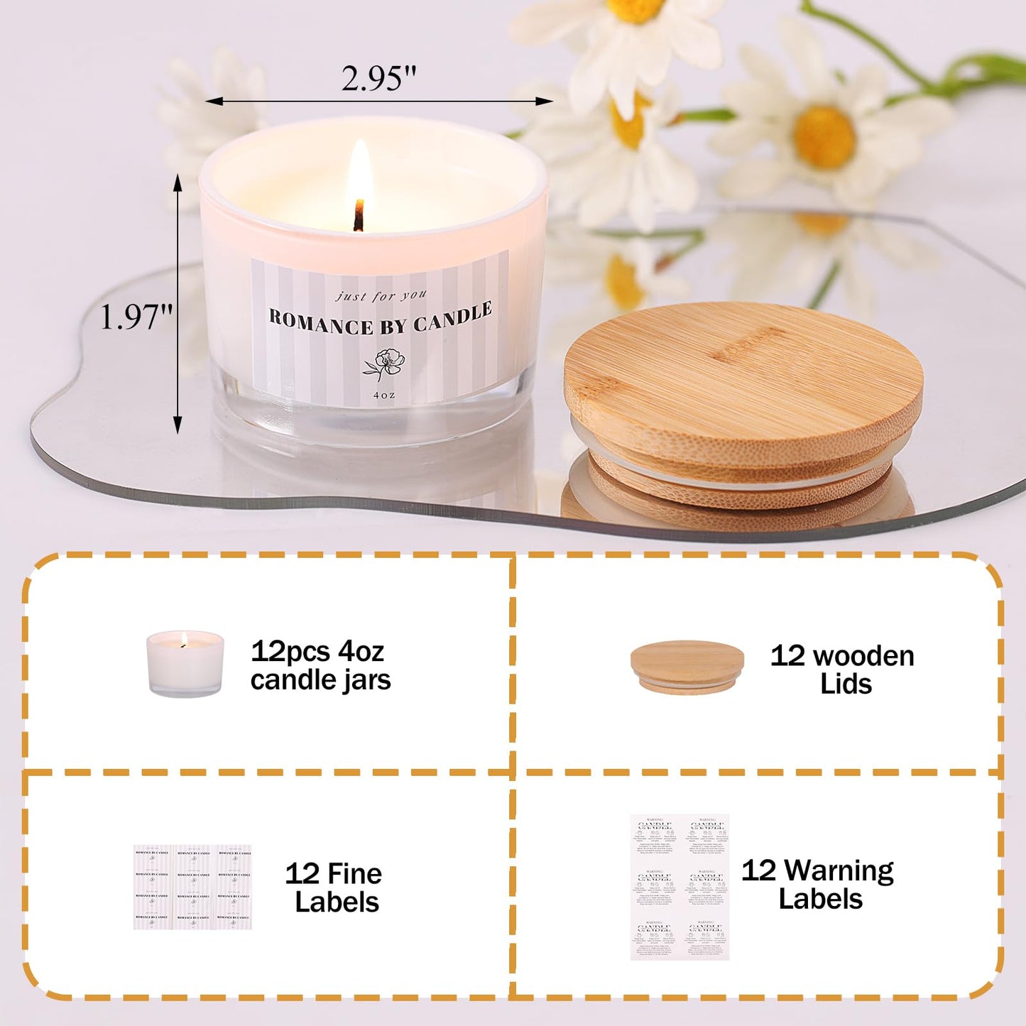 12 PCS White Candle Jars for Making Candles, 4 OZ Glass Jars with Bamboo Lids and Sticky Warning Labels, Candle Containers for DIY Gifts, Candle Making Supplies