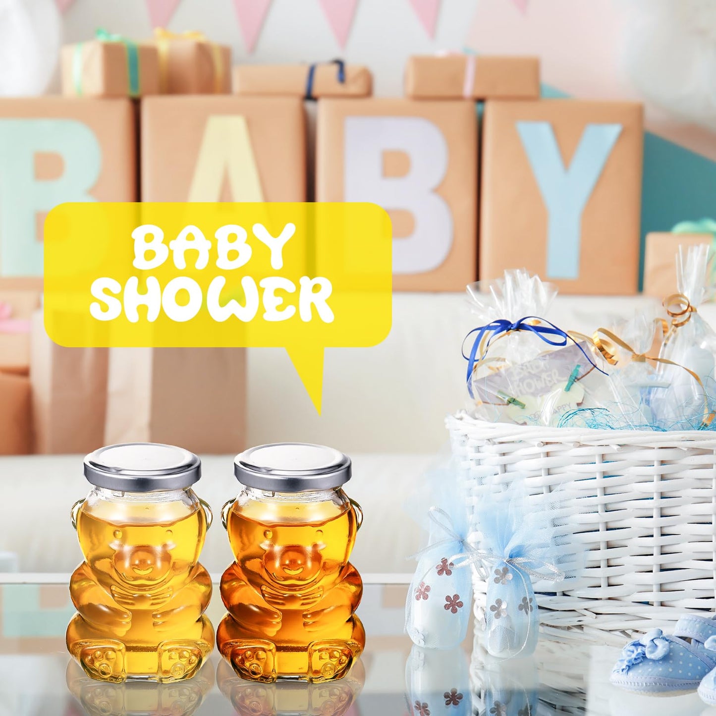 Patelai 24 Pack 4 oz Glass Bear Shaped Honey Jars with Lids Reusable Small Tilted Bear Glass Bottles Containers Dispenser for Candies, Birthday Wedding Party Favors(Classic, Silver)