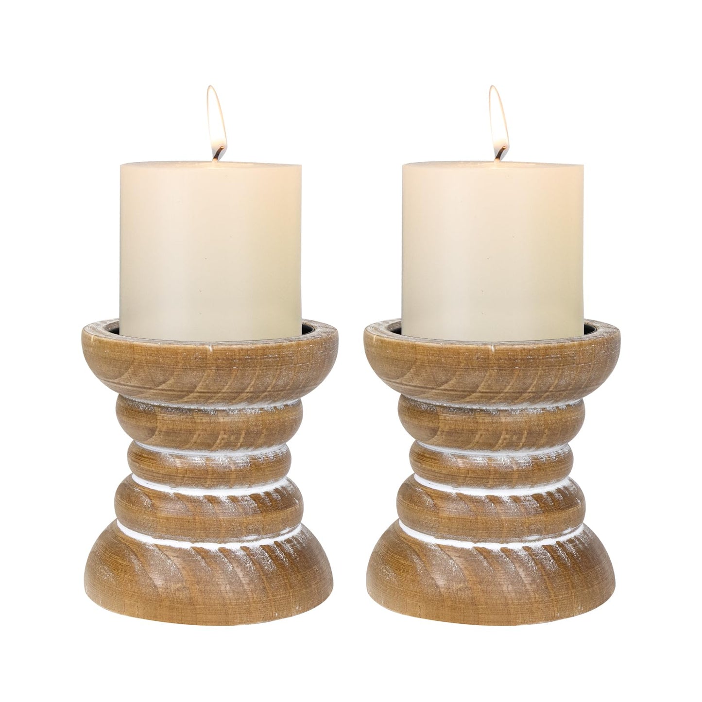 Candle Holder for Pillar Candle Set of 2, Farmhouse Wood Candle Holder, Rustic Wooden Candle Stand, Vintage Small Wooden Candlestick Holders for Living Room, Table Centerpiece, Brown