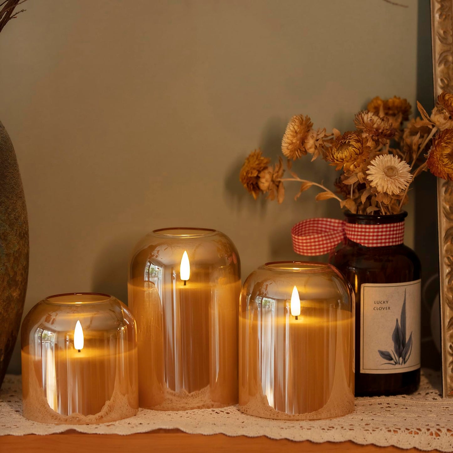 volnyus Gold Glass Flameless Candles with Remote Battery Operated Flickering LED Pillar Candles Real Wax 3D Wick Φ4 H 4" 5" 6"