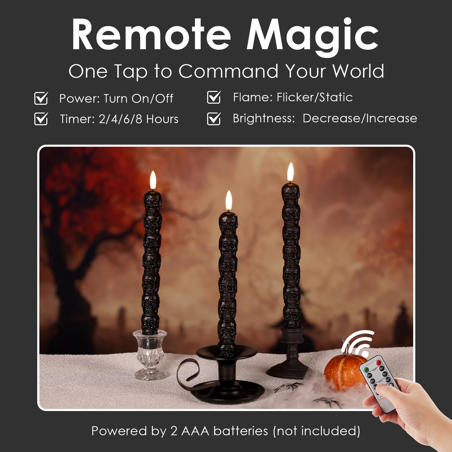 Girimax Black Skull Halloween Flameless Taper Candles with Remote, Flickering Spooky LED Wax Candlesticks Battery Operated, Set of 4