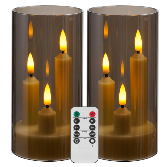 2 Pack 3D Wick Flameless Taper Candles, Gray Transparent Acrylic Cover LED Flickering Candle Lights, Remote Control Battery Operated Electric Candles for Home Wedding Christmas Party Table Decor.