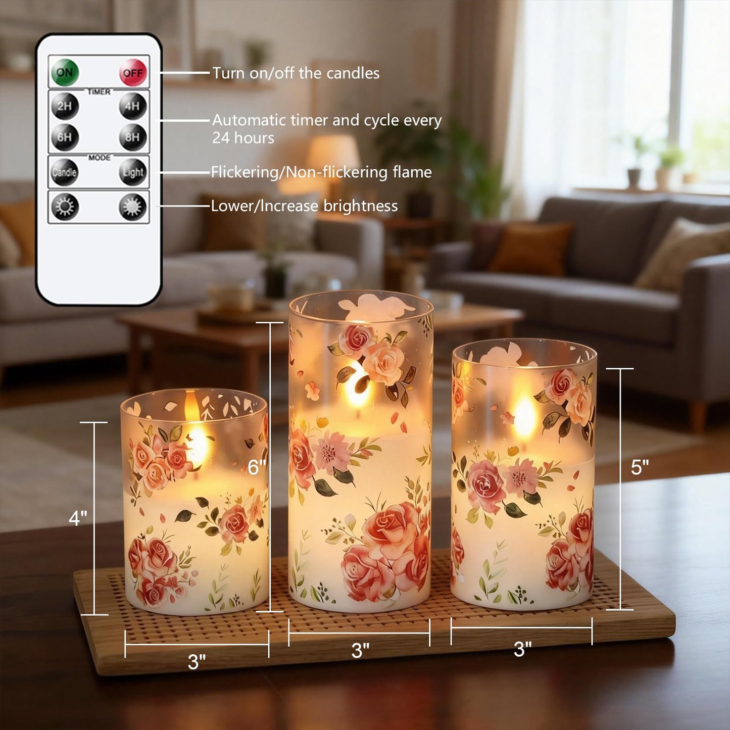 Wondise Glass Flameless Candles Remote Timer Pink Rose Battery Operated Flicker Pillar Candles for Wedding Centerpiece Spring Easter Farmhouse Home Decoration, Set of 3