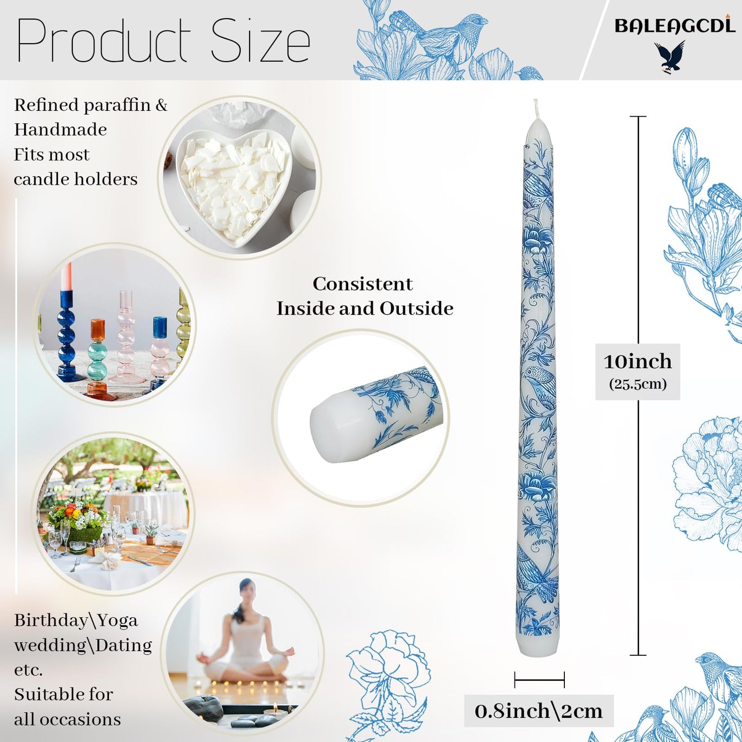 Romantic Floral & Bird Taper Candles - 10 Inch Handmade Drip Candles, Set of 2 for Wedding Centerpieces & Home Decor