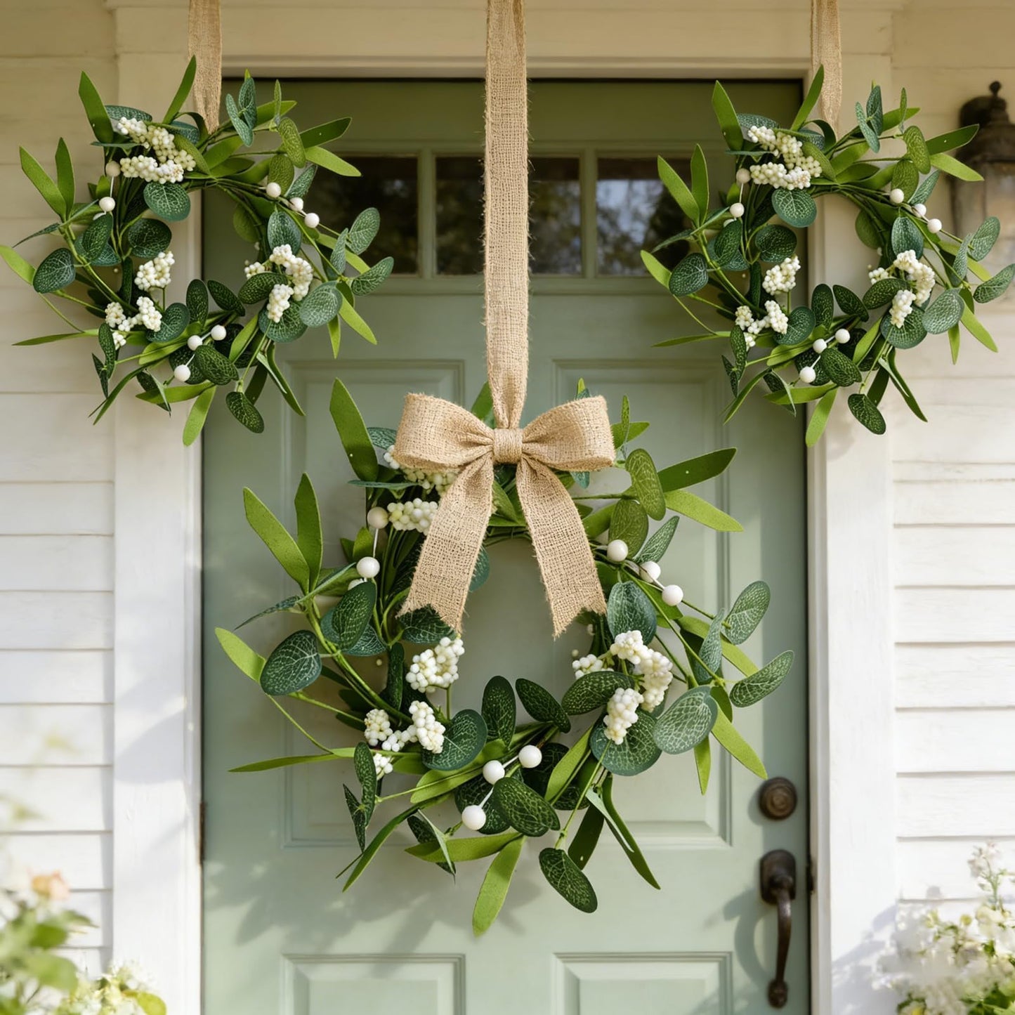 4 Pcs Green Artificial Eucalyptus Candle Rings Wreaths Mini Green Kitchen Cabinet Wreath Table Centerpieces Spring Summer with White Berry for Pillars Farmhouse Porch Front Door Wedding Decor