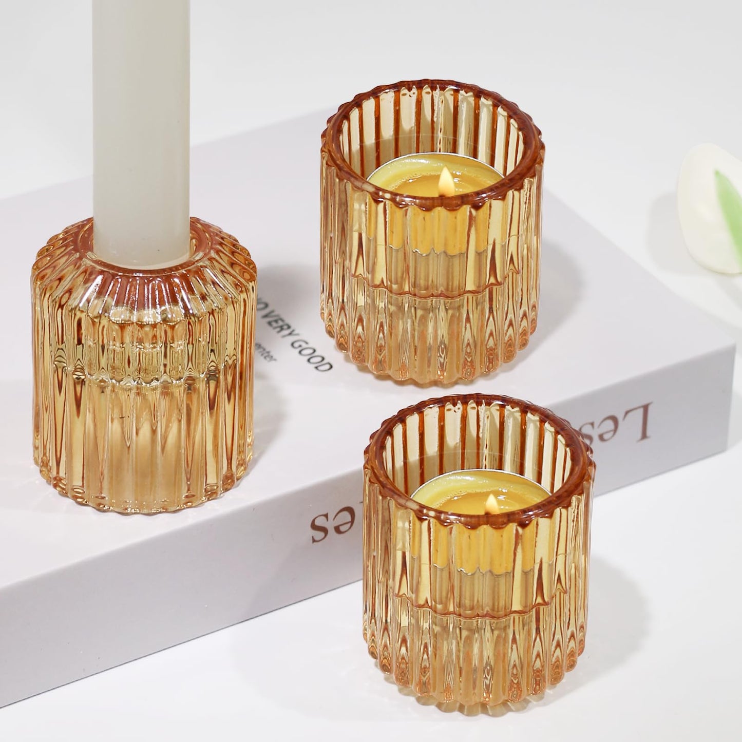 CHOCSTAY Reversible Amber Glass Candle Holder Set of 6, Thick Heat-Resistant Glass Candlestick Holders for Taper, Tealight, Votive, LED Candles, Perfect for Wedding, Party, Home Décor