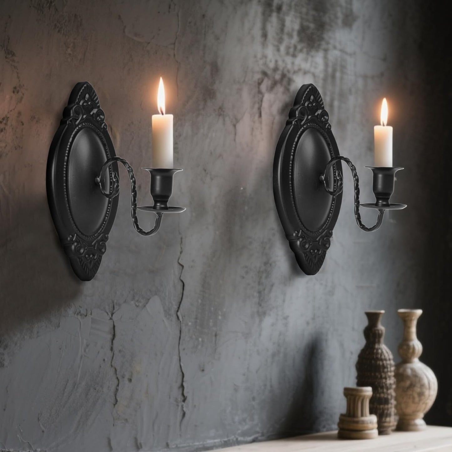 Vrnikhub Black Candle Sconces Set of Two, Victorian Decor Royal Wall Sconce, Metal Rustic Candle Holder Baroque Home Wall Decor for Living Room, Dining Room, Bedroom, Fireplace, Hallway, Window