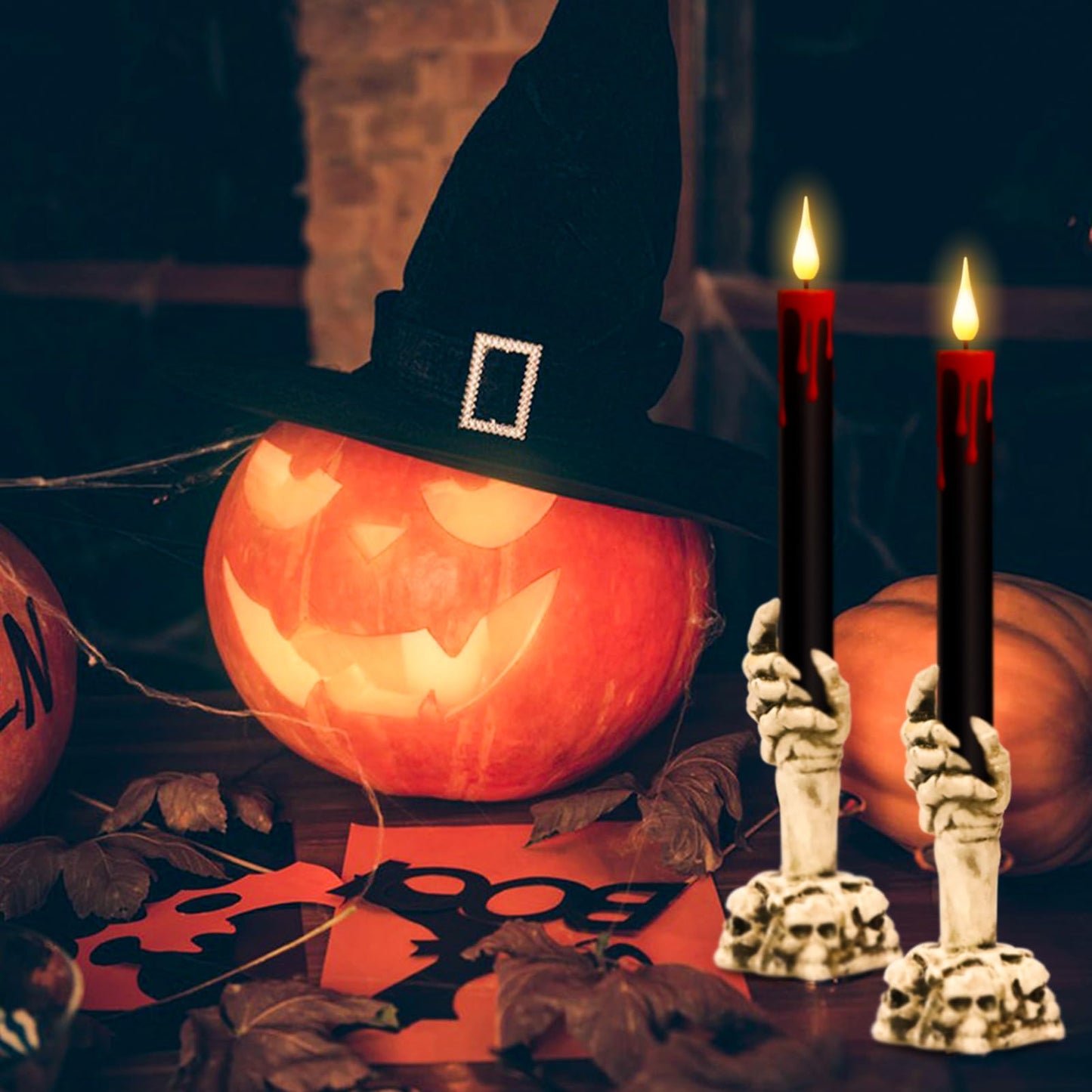 Wondise Halloween Flameless Taper Candles with Remote and Timer, Black Battery Operated Dripping Wax LED Flickering Candles with Skeleton Hand Holders for Halloween Decoration(2 Pack, 3” x 12”)