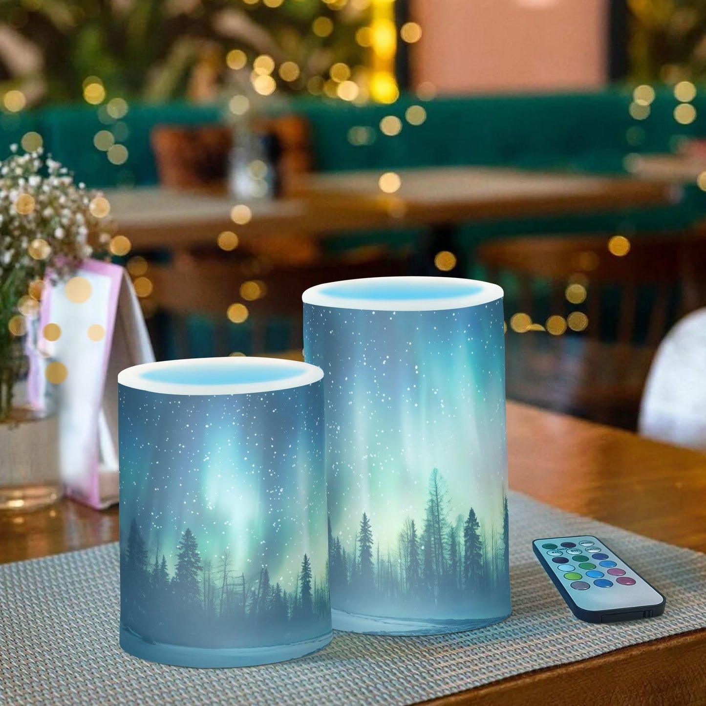 panksolu Flickering Flameless Candles, Aurora Borealis Forest Landscape LED Candles with Remote Timer, Battery Operated Candle for Valentine Wedding Halloween Christmas Decor - Set of 2