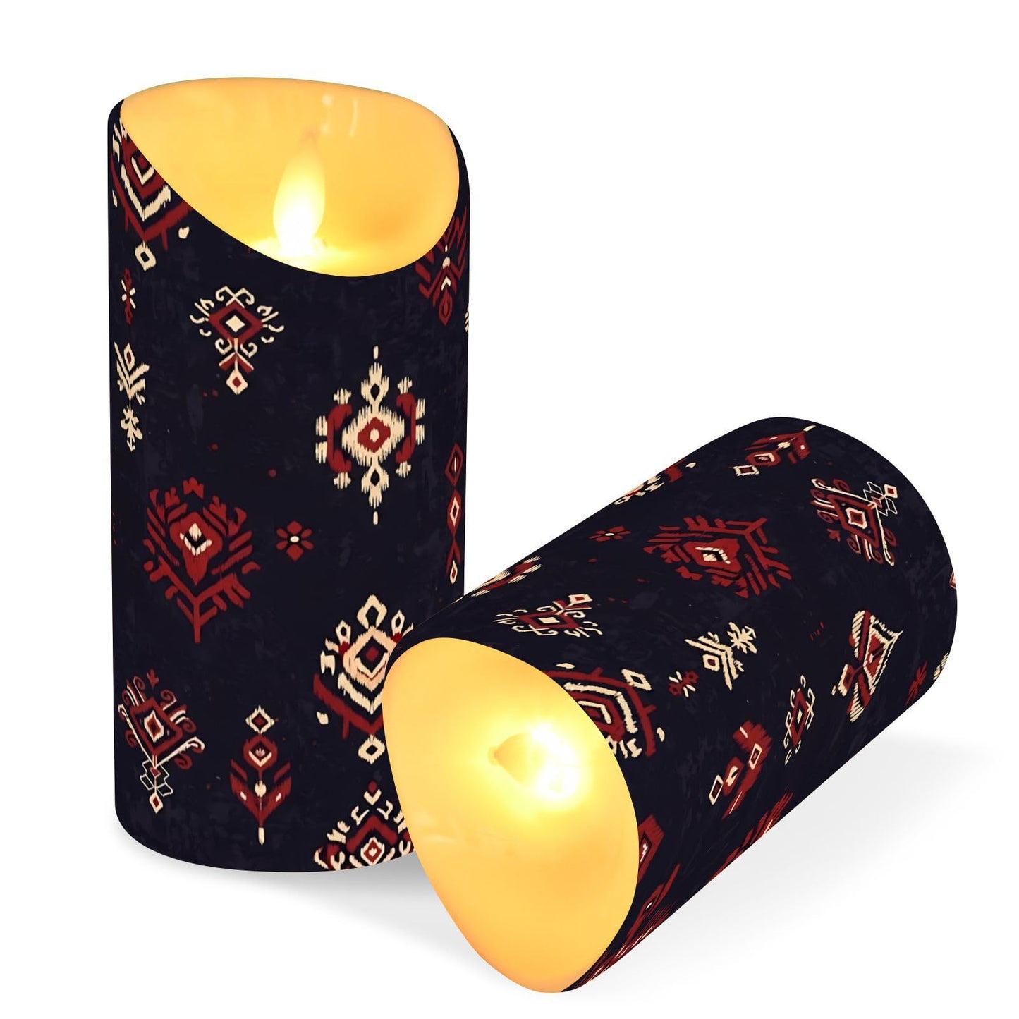 Gravopti Tribal Ikat 2 Pack Flameless LED Pillar Candles with Remote & Timer, Battery Operated, Flickering Wax Candle for Wedding, Romantic Home & Party Decor