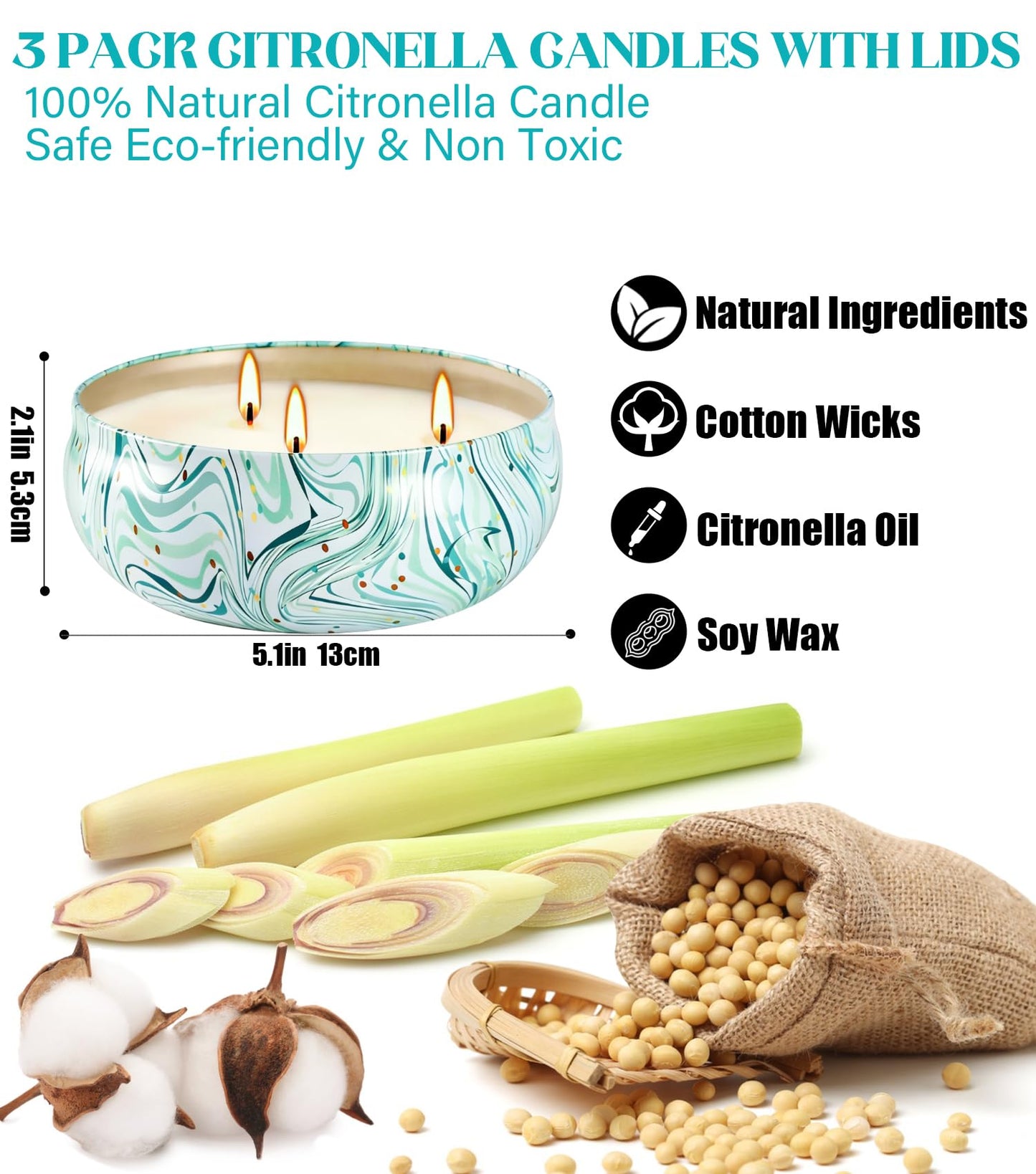 Citronella Candles Outdoor, 3 Pack 12oz Large Citronella Candle 3-Wick Natural Soy Wax Summer Candle Set 240 Hours Long Lasting Burning Huge Scented Outdoor Indoor Candles for Garden Yard (Blue)