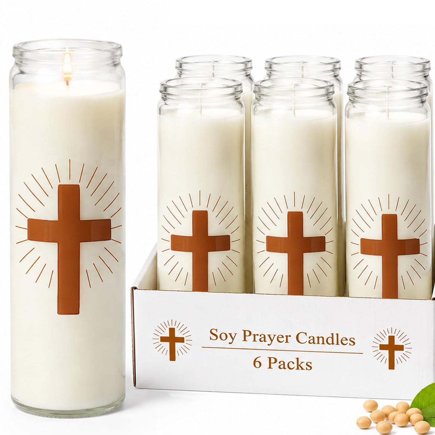Soy Wax Prayer Candles, 6 Packs, 9 Day Memorial Candles with 120 Hours Long Burn Time, Unscented Devotional Candles for Vigils, Blessings, Spiritual, Ceremonies, Emergency