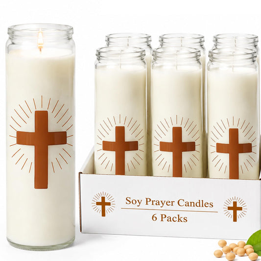 Soy Wax Prayer Candles, 6 Packs, 9 Day Memorial Candles with 120 Hours Long Burn Time, Unscented Devotional Candles for Vigils, Blessings, Spiritual, Ceremonies, Emergency