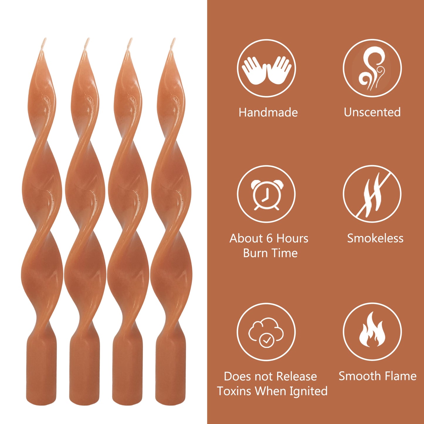 Spiral Taper Candles Set of 4, 10 Inch Terracotta Handmade Candle Stick, Unscented Tapered Candles, Twisted Candles for Wedding Dinner Home Decor Gift