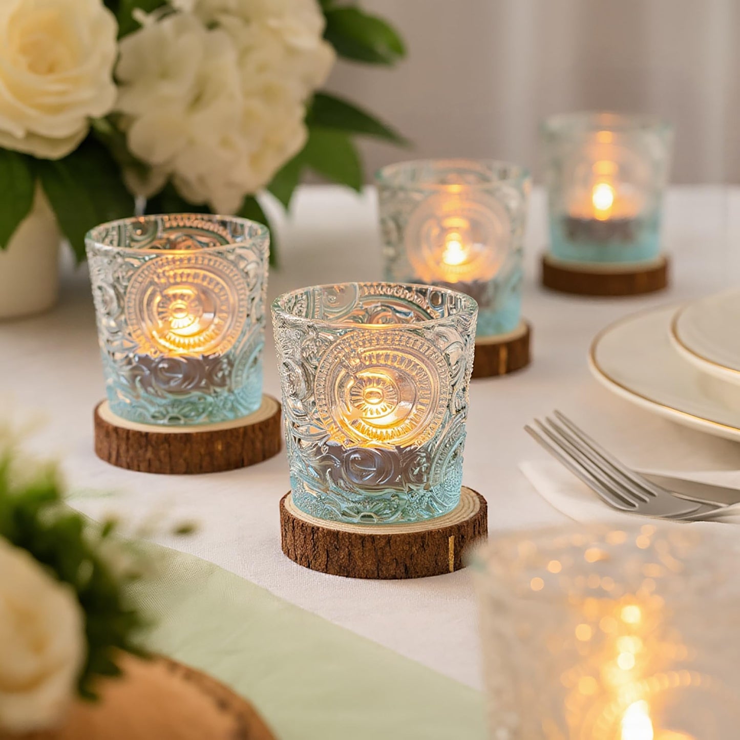 6 Pack Sun Moon Star Embossed Glass Tea Light Candle Holders - Votive Candle Holders for Wedding, Party, Home Decor, and Table Centerpieces (Clear Glass)