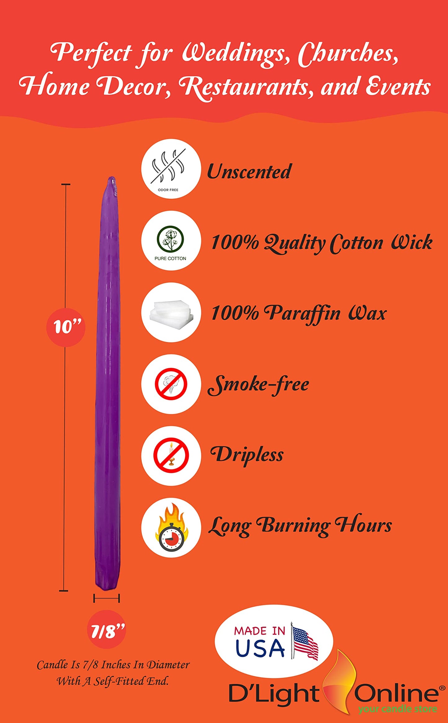 D'light Online Elegant 10" Unscented Purple Taper Candles, Premium Quality Hand-Dipped Tapered Candles, Dripless Tapers and Smokeless - Individually Wrapped (10 Inch, Purple)