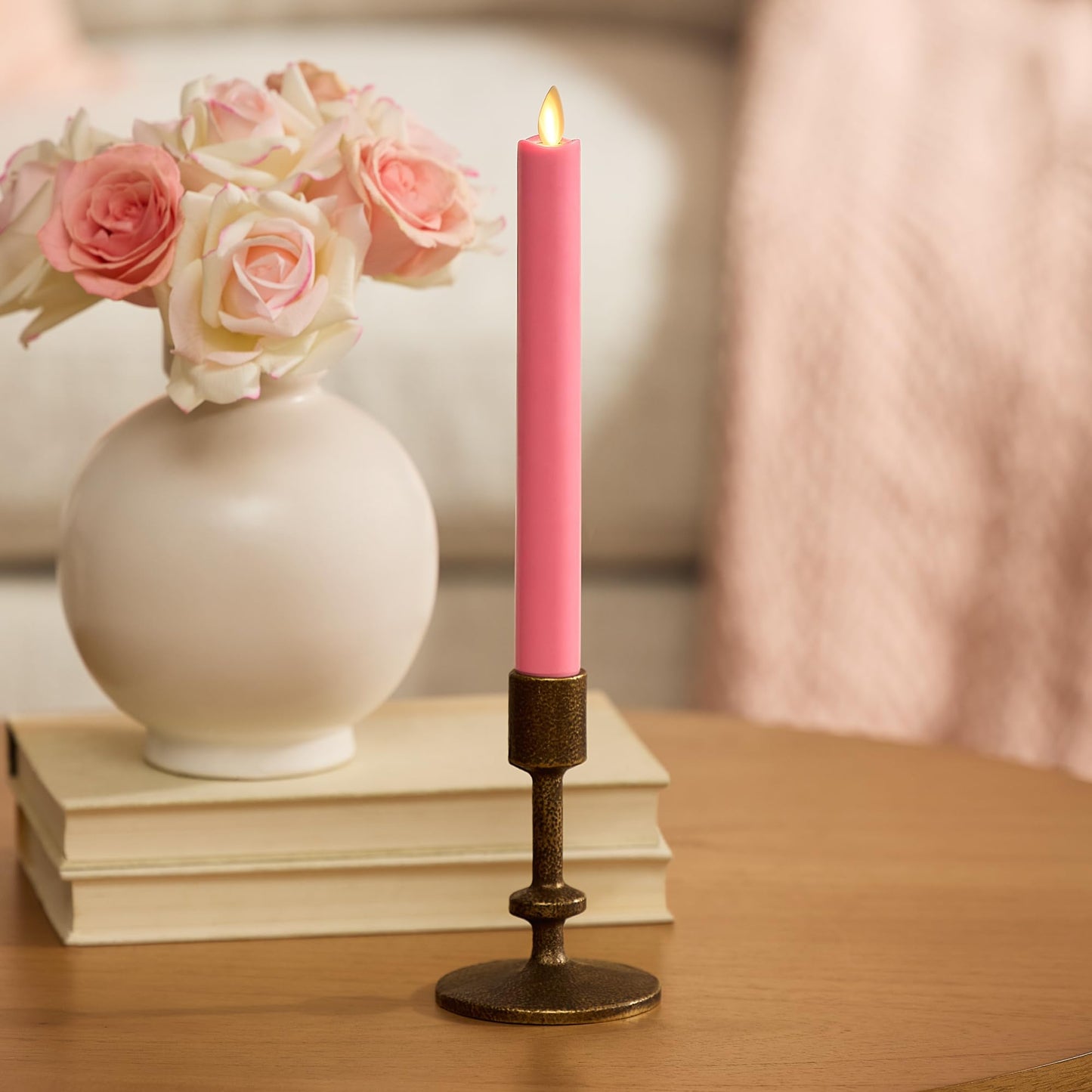Luminara Flameless Candle Taper (1" x 9.5") Melted Top Real Wax Unscented Remote Ready Timer (Sweet Pink)