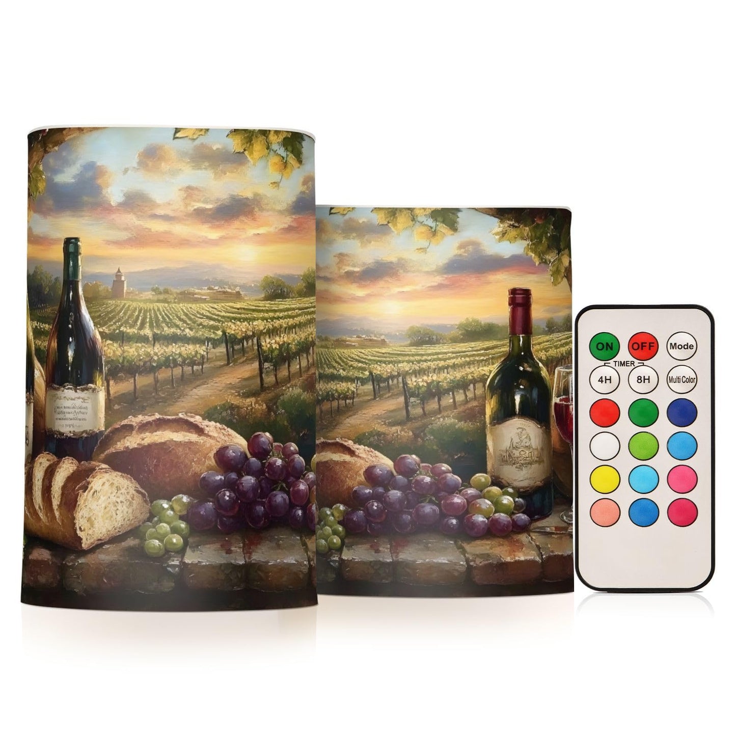 ALAZA Flickering Flameless Candles Red Wine Bottles Grapes Bread Rustic Battery Operated Candles with Remote Timer LED Pillar Votive Candles Set of 2 for Holiday Decor