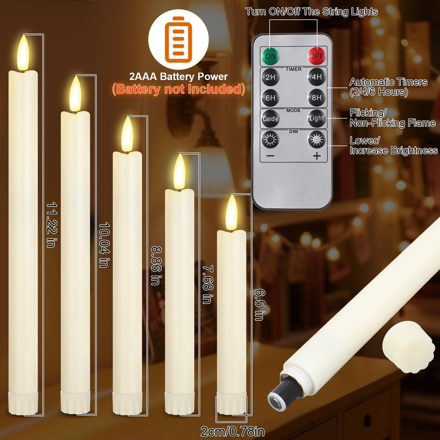 Rossesay 20 Pcs Flameless Taper Candles with Remote Battery Operated Taper Candles Include 6.5'' 7.7" 8.9" 10" 11.2" Fake LED Electric Candle Sticks for Valentine's Day Home Wedding Decor (Warm White)
