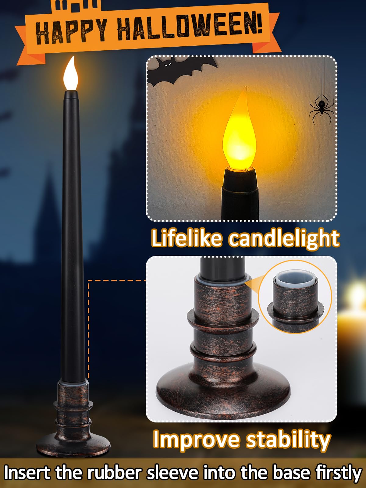 Alphatool 6 Packs Halloween Black LED Flameless Candles with Bases - Flicker Flame, Tall Taper Smokeless Dripless Candles, Decor for Fireplace Diningtable Bar School