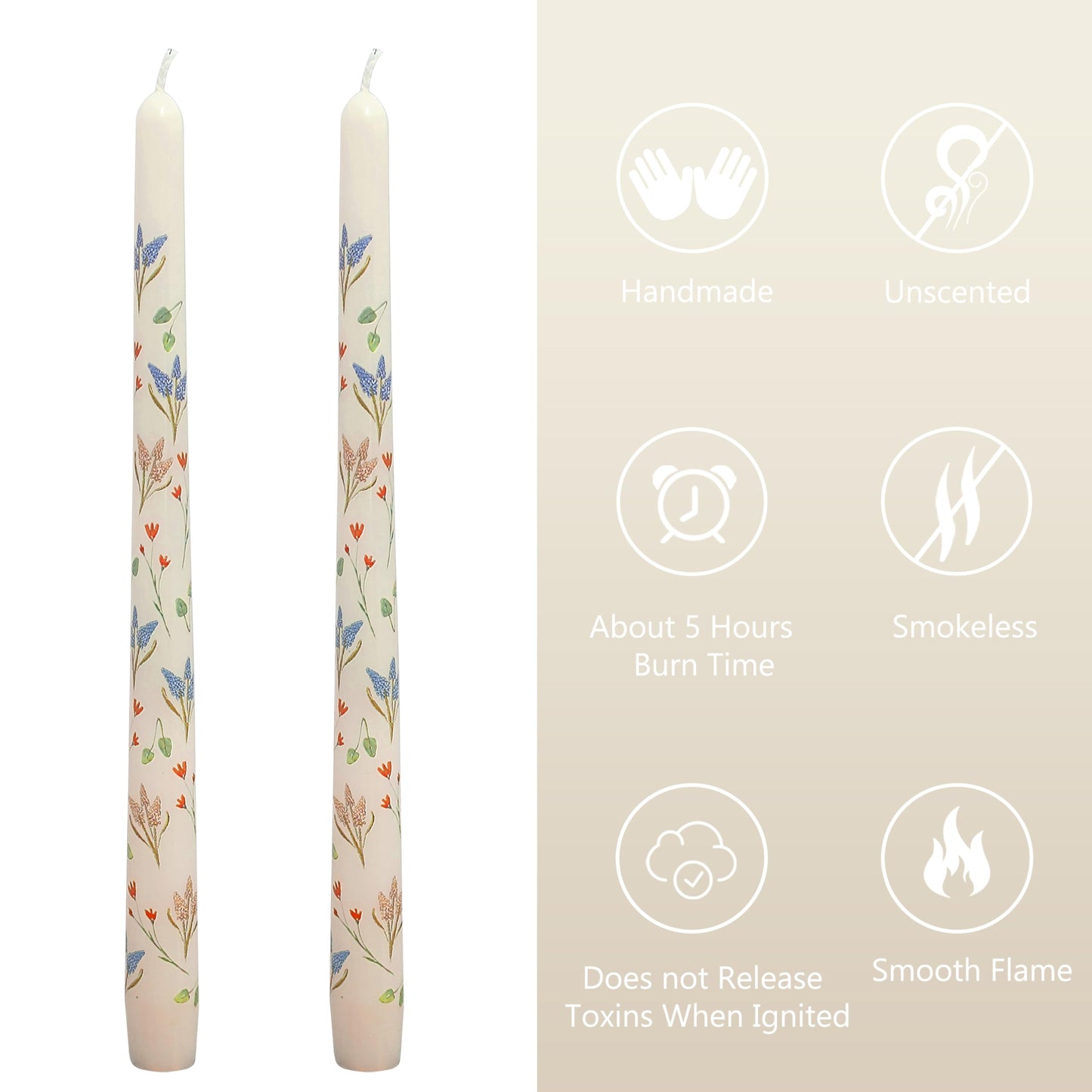 Hyacinth Printed Taper Candles Set of 2, 10 Inch Handmade Tapered Candles, Unscented Floral Candle Stick Style Candlesticks for Wedding Home Decor Gift