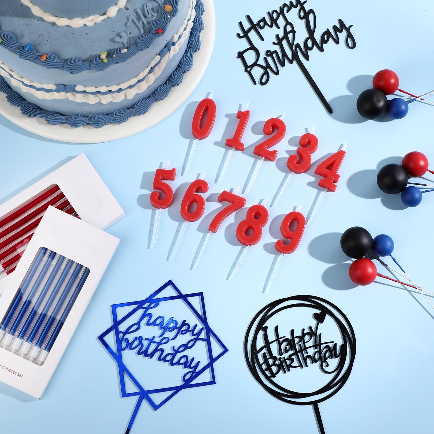 Yerliker 34 Pcs Happy Birthday Cake Toppers Decorations Birthday Candles DIY Cake Decor for Men Women Wedding Anniversary(Blue Red Black)