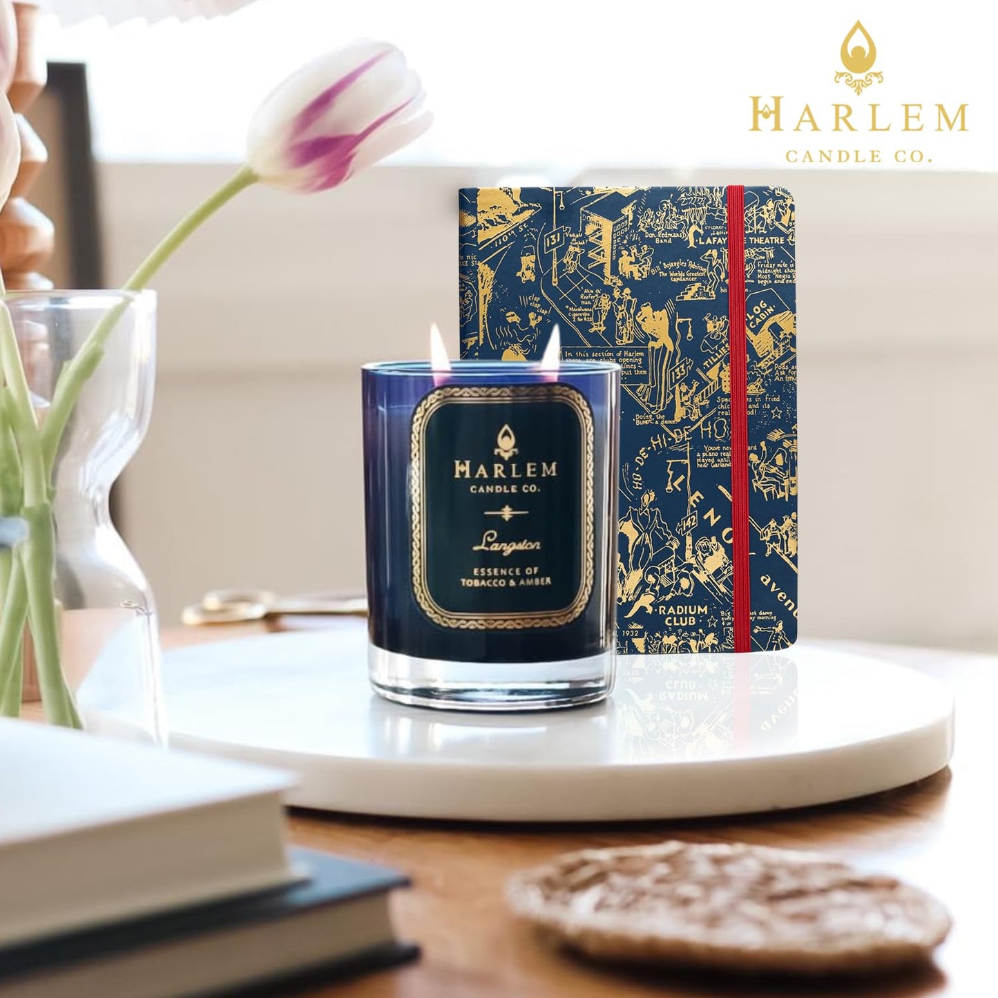 HARLEM CANDLE CO. Langston Candle & Night Club Map of Harlem Journal Bundle, Luxury Scented Soy Candle (11 oz, 80-Hour Burn), Vegan Leather Journal (300 Pages), Elegant Gift Set