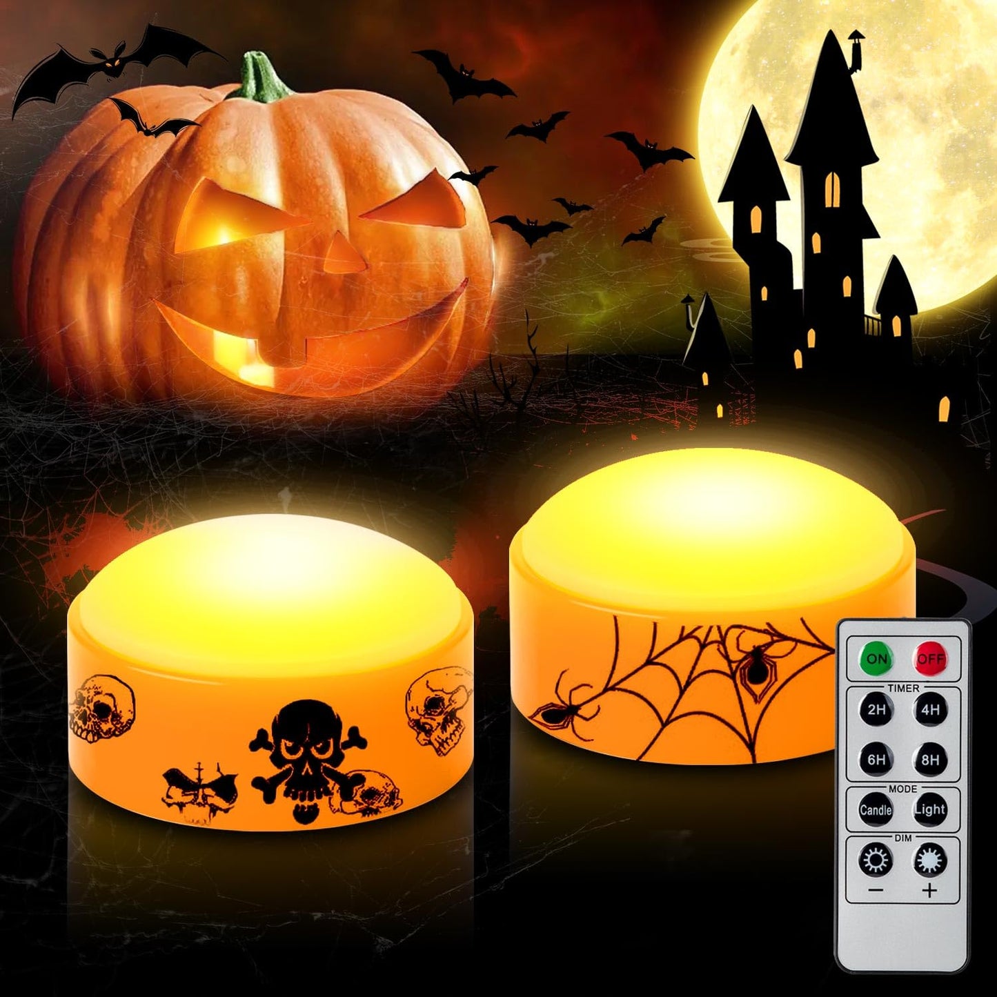 CANDLE IDEA 2 PCS Halloween LED Pumpkin Lights with Timer and Remote, Battery Operated Jack-O-Lantern Orange Light for Halloween Decor, Flameless Candles for Pumpkin Decoration