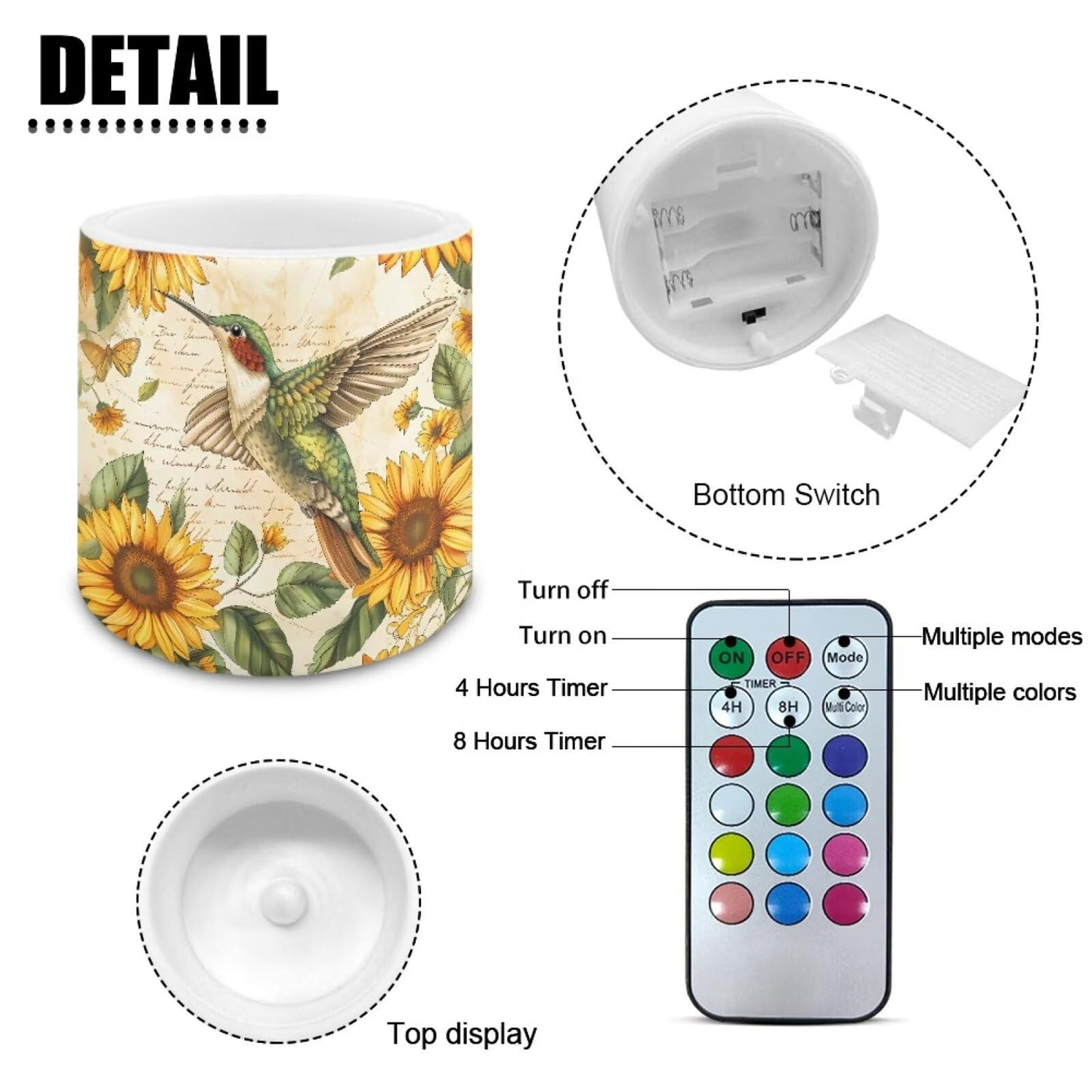 Cozeyat Sunflower Bird Flameless Candles 4 Pack Battery Operated LED Pillar Candles with Remote Control Timer Waterproof for Indoor Outdoor Use