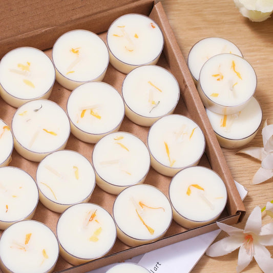 48Pcs Vanilla Scented Tealight Candles, Palm Wax White Tea Lights, 4h Long Burning Tea Light Candles with Dried Flowers for Holiday, Wedding, Spa, and Home Decoration