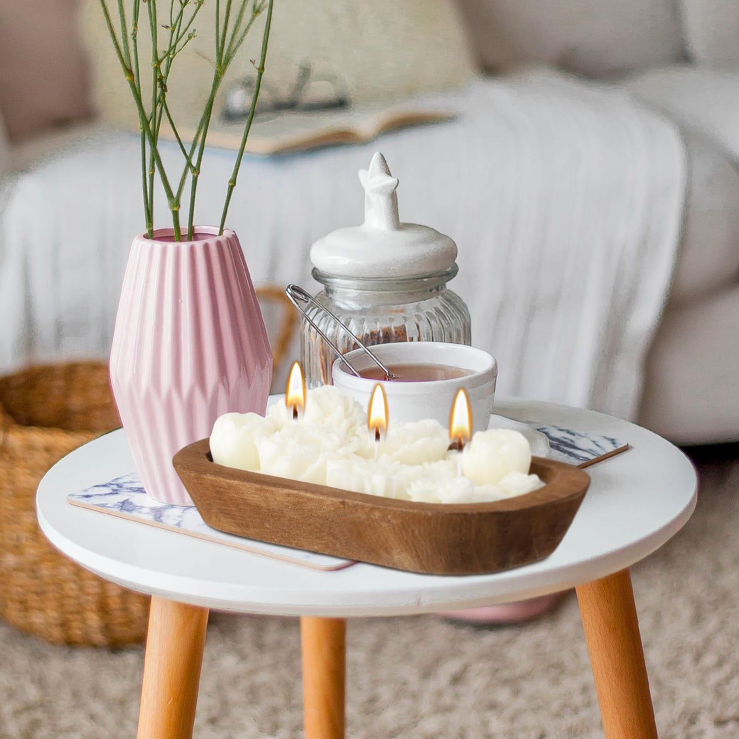 Siifert Wooden Dough Bowl Candle 3 Essential 20 Ounce Natural Soy Oil Wick Candle Wax Melts Rustic Farmhouse Decor Gifts for Women and Men(Flowers)