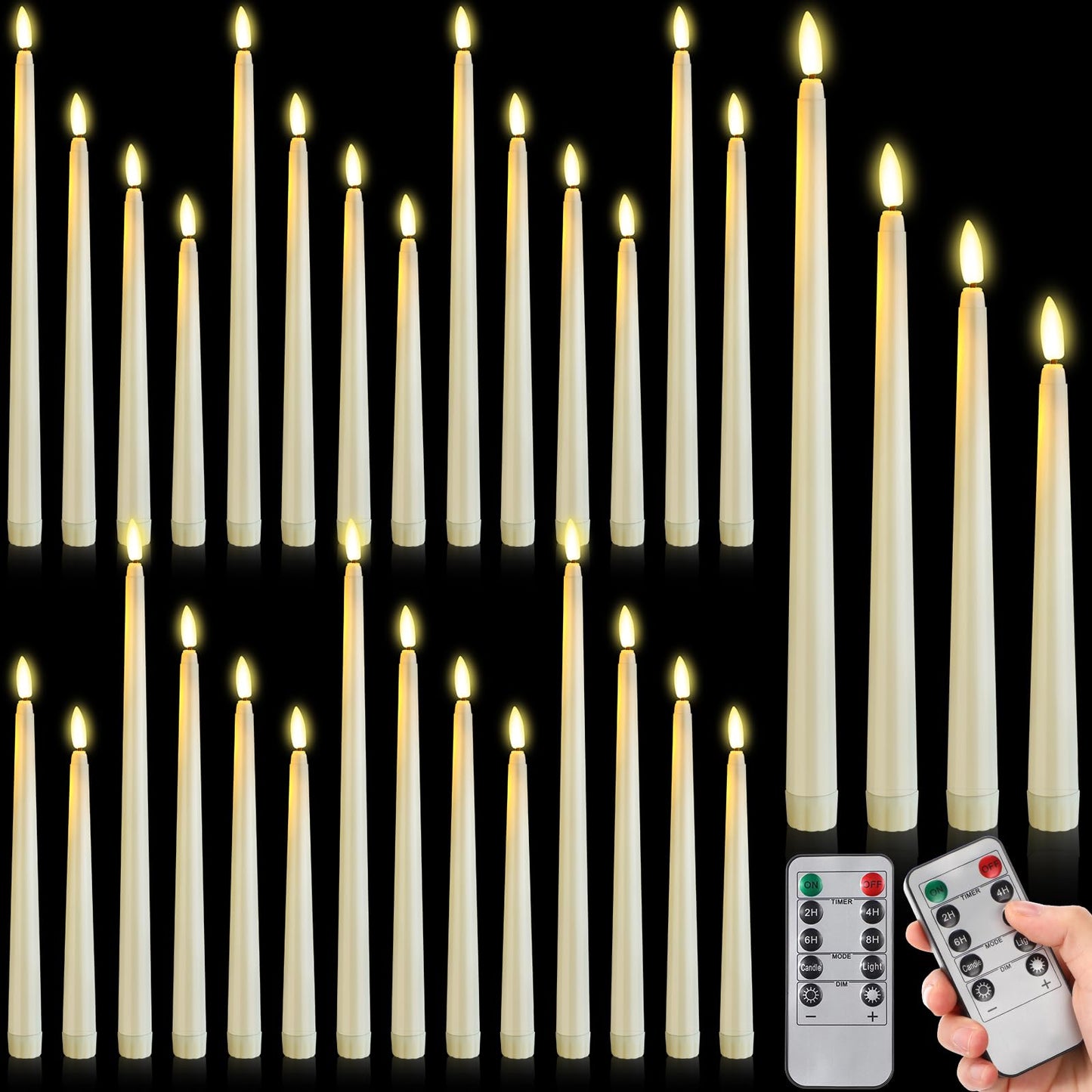 Rossesay 28 Pcs Flameless Taper Candles with Timer Remote 4 Sizes of 8.5", 9.6", 10.83", 12.8" LED Flickering Taper Candles Battery Operated for Valentine's Day Church Wedding Home Decor(Warm White)
